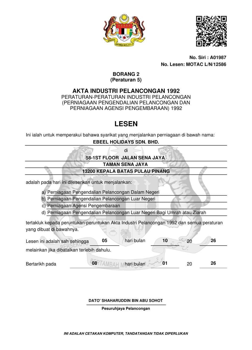 Lesen MOTAC L/N 12586, Ebeel Holidays Sdn Bhd
